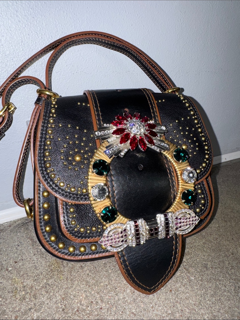 Miu Miu Rare Dahlia Madras Crystal Stud Crossbody/Shoulder Bag – Black Leather - Picture 1 of 16